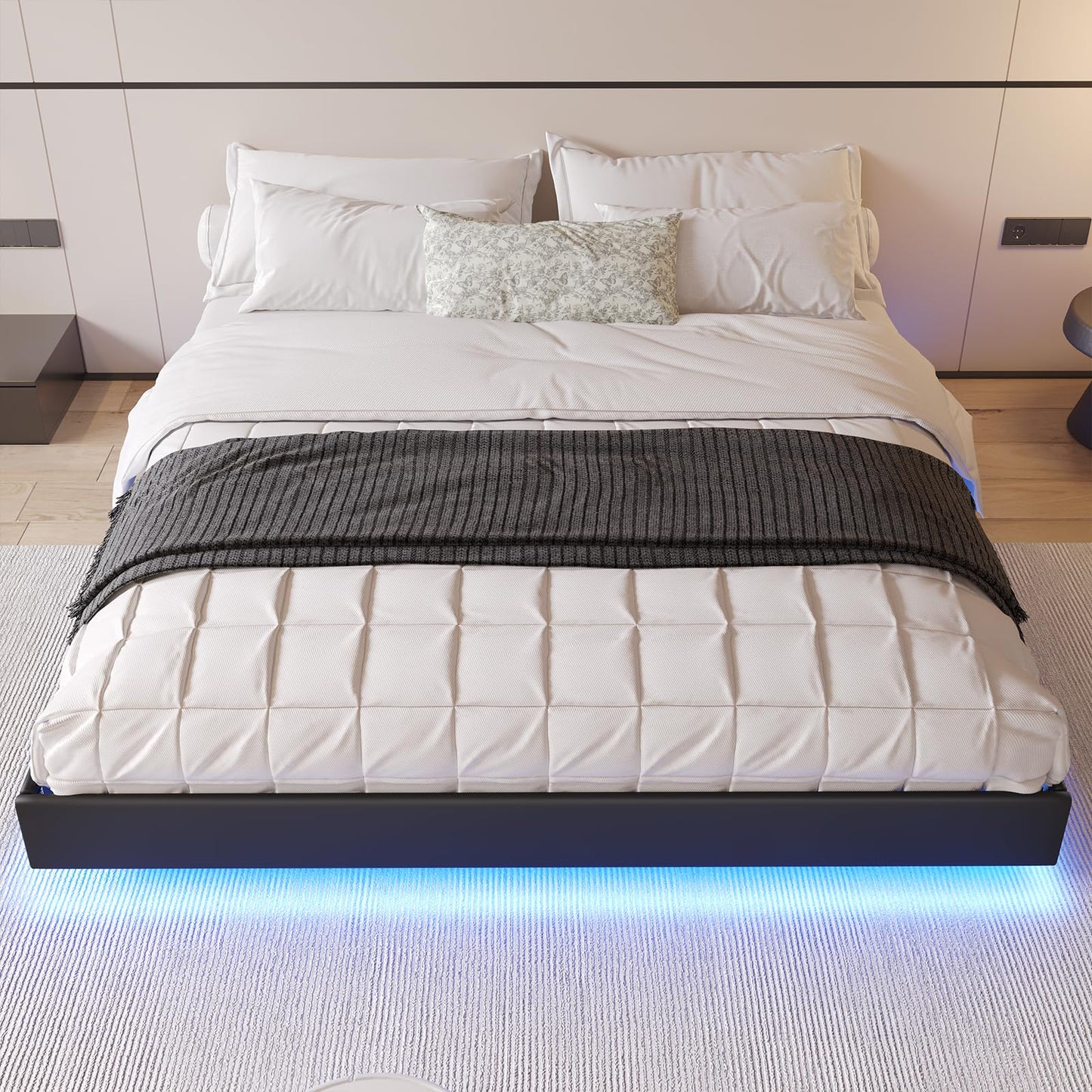 Hasuit Floating Queen Bed Frame with LED Lights - Modern Black Platform Design, No Box Spring Needed - WoodArtSupply