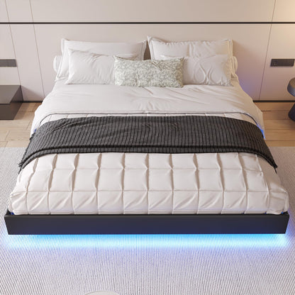 Hasuit Floating Queen Bed Frame with LED Lights - Modern Black Platform Design, No Box Spring Needed - WoodArtSupply