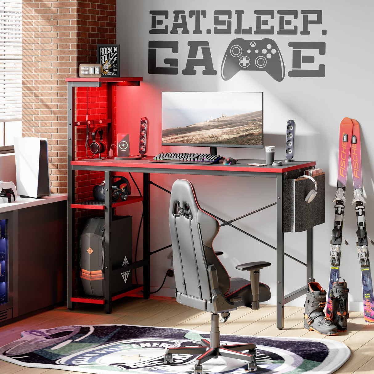 Bestier Gaming Desk with Power Outlets, 44 Inch Led Gamer Desk with 4 Tiers Reversible Shelves, PC Gaming Table with Headset Hook & Side Storage Bag for Bedroom (Black 3D Carbon Fiber) Bestier