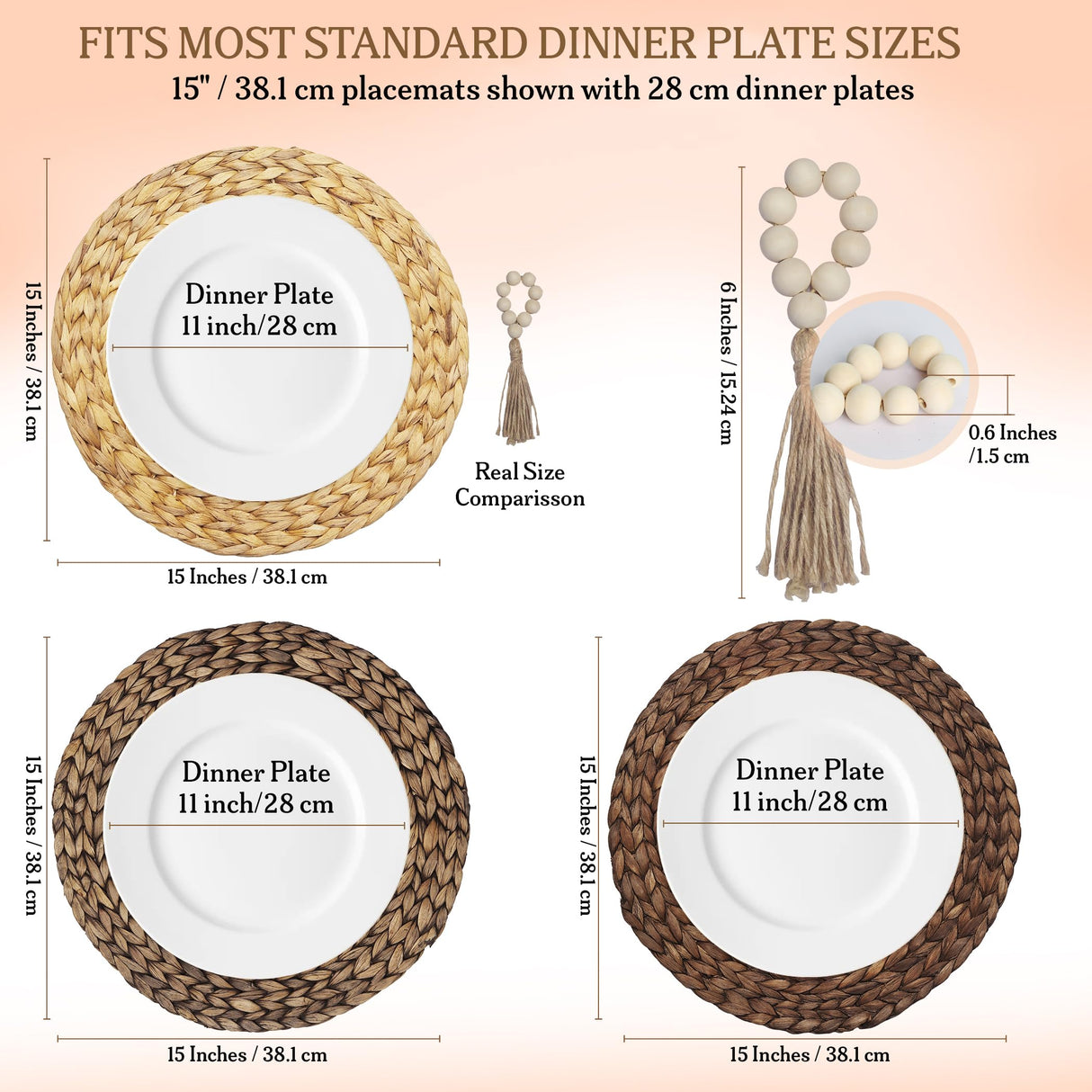 Round Woven Placemats Set of 6 (15 Inch) with Canvas Bag – Handwoven Water Hyacinth Table Mats, Boho Farmhouse Dining Decor, Heat Resistant Wicker Chargers by DECHUSE Dechuse