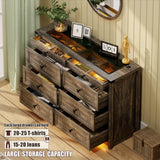 FREDEES Farmhouse Dresser for Bedroom with 8 Drawers, Wood Tall Chest of Drawers with LED Light/Charging Station/Human Sensor, Dressers Organizer for Closet, Living Room, Hallway, Rustic Brown FREDEES