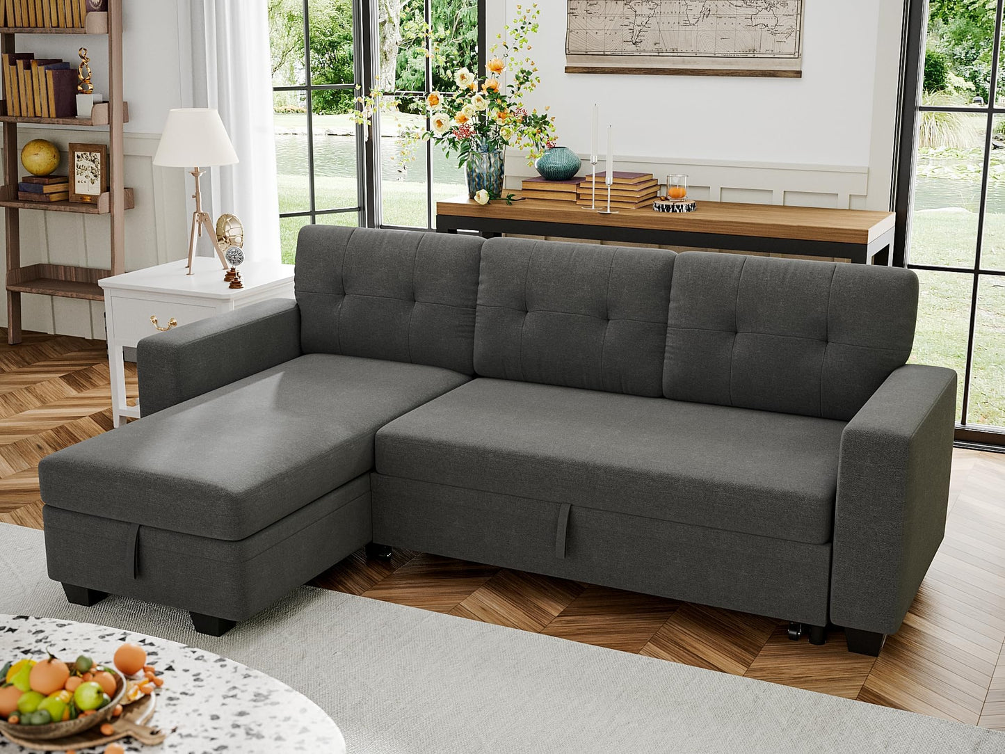 Shahoo Sofa Bed Reversible Convertible Sleeper Pull Out Couches with Storage Chaise, Linen Fabric Furniture for Living Room, Bedroom, Apartment, Dark Gray