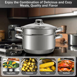 AuFranc® 4 Quart 18/10 Stainless Steel Tri-ply Stockpot and Steamer with Tempered Glass Lid, Multipurpose Steamer Pot Compatible with All Cooktops, Non-Toxic Soup Pot, Oven & Dishwasher Safe (Silver) Aufranc