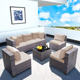 Gotland 7-Piece Outdoor Patio Furniture Set - All-Weather PE Rattan Sectional Wicker with Replaceable Khaki Waterproof Cushions & Coffee Table Gotland