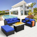 Rattaner Outdoor Patio Furniture 60000 BTU Outdoor Propane Fire Pit Table Patio Furniture Set 45" Outdoor Fire Pits 6 Pieces Patio Sofa Outdoor Chairs Anti-Slip Cushions Waterproof Covers, Royal Blue Rattaner