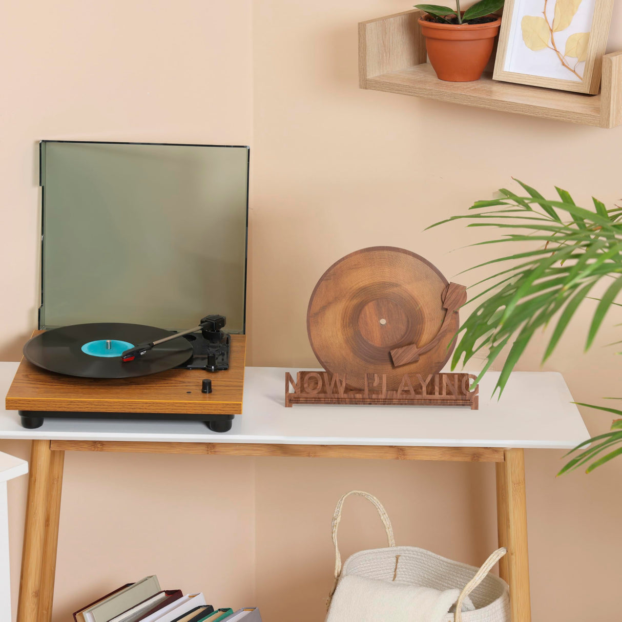 Heather & Willow Now Playing Vinyl Record Holder | Now Playing Vinyl Record Stand Display | Wood Vinyl Record Storage Stands for Albums | Now Spinning Vinyl Accessories Rack Heather & Willow