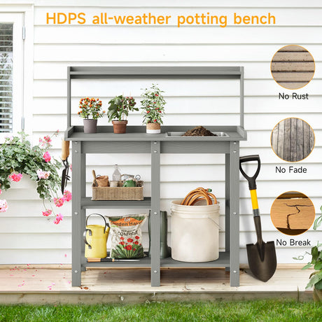 ONBRILL Potting Bench, Outdoor Potting Bench Table with Removable Sink, HDPS Potting Benches for Outside, Garden Table with Storage Shelves & 4 Side Hooks, No Rot, No Fade, No Break, 360lbs Capacity ONBRILL