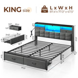 Rolanstar Bed Frame King Size with Drawers and Charging Station, Upholstered Platform Bed with Storage Headboard and LED Light, Heavy Duty Metal Frame Support, No Box Spring Needed, Noise Free, Grey Rolanstar