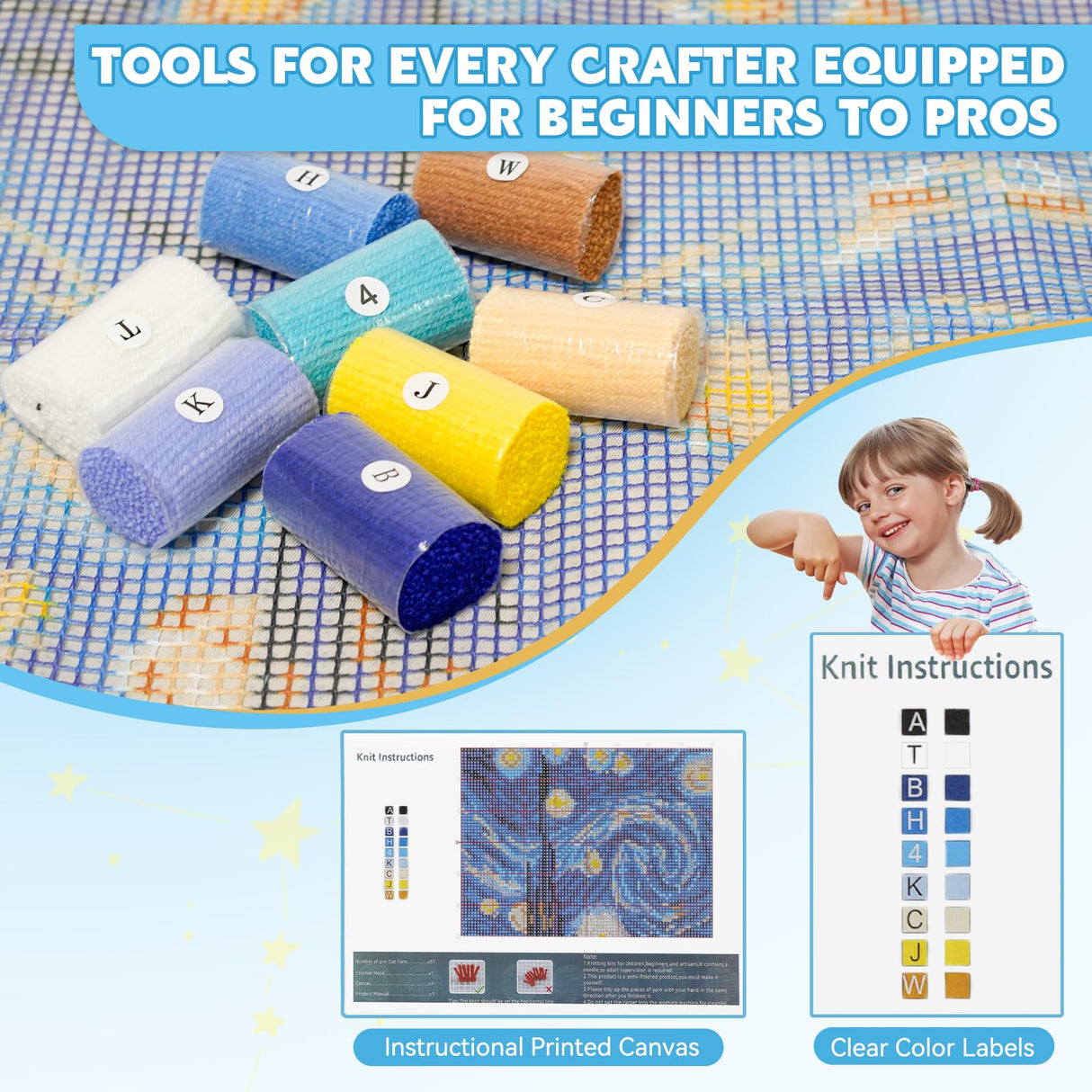 EsLuker.ly Latch Hook Rug Kit DIY Crochet Carpet for Adults Kids Beginners, Starry Sky Patterns Pre-Printed Canvas Yarn Rug Hooking Kits, Creative Craft Home Decor Ideal for Learning Rug Making EsLuker.ly