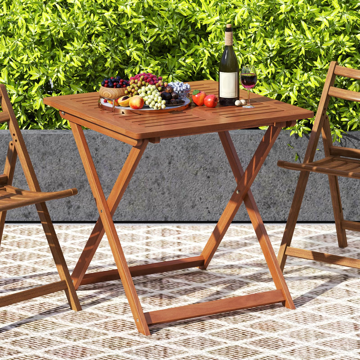 CLEEMAN Folding Outdoor Dining Table, Solid Wood Bistro Tables with 2" Umbrella Hole, Square Foldable Patio Table for Porch Balcony Deck Garden Yard, Teak Oil Finish CLEEMAN
