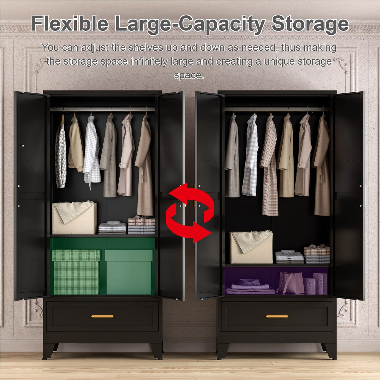 Washsemba 71'' Black Farmhouse Metal Wardrobe Cabinet with Hanging Rod, 2 Barn Door Wardrobe Closet with Adjustable Shelves,Drawer,for Dining Room,Bedroom,Living Room, Cloak Room,Office Washsemba