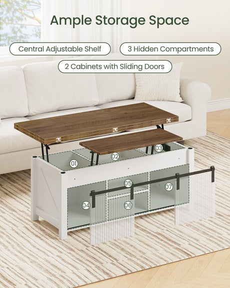 CHOEZON Coffee Table Lift Top, 4 in 1 Convertible Coffee Table, Farmhouse Coffee Tables, with Hidden Compartments, with Sliding Doors, for Living Room, Apartment, White and Walnut MKF01WL CHOEZON