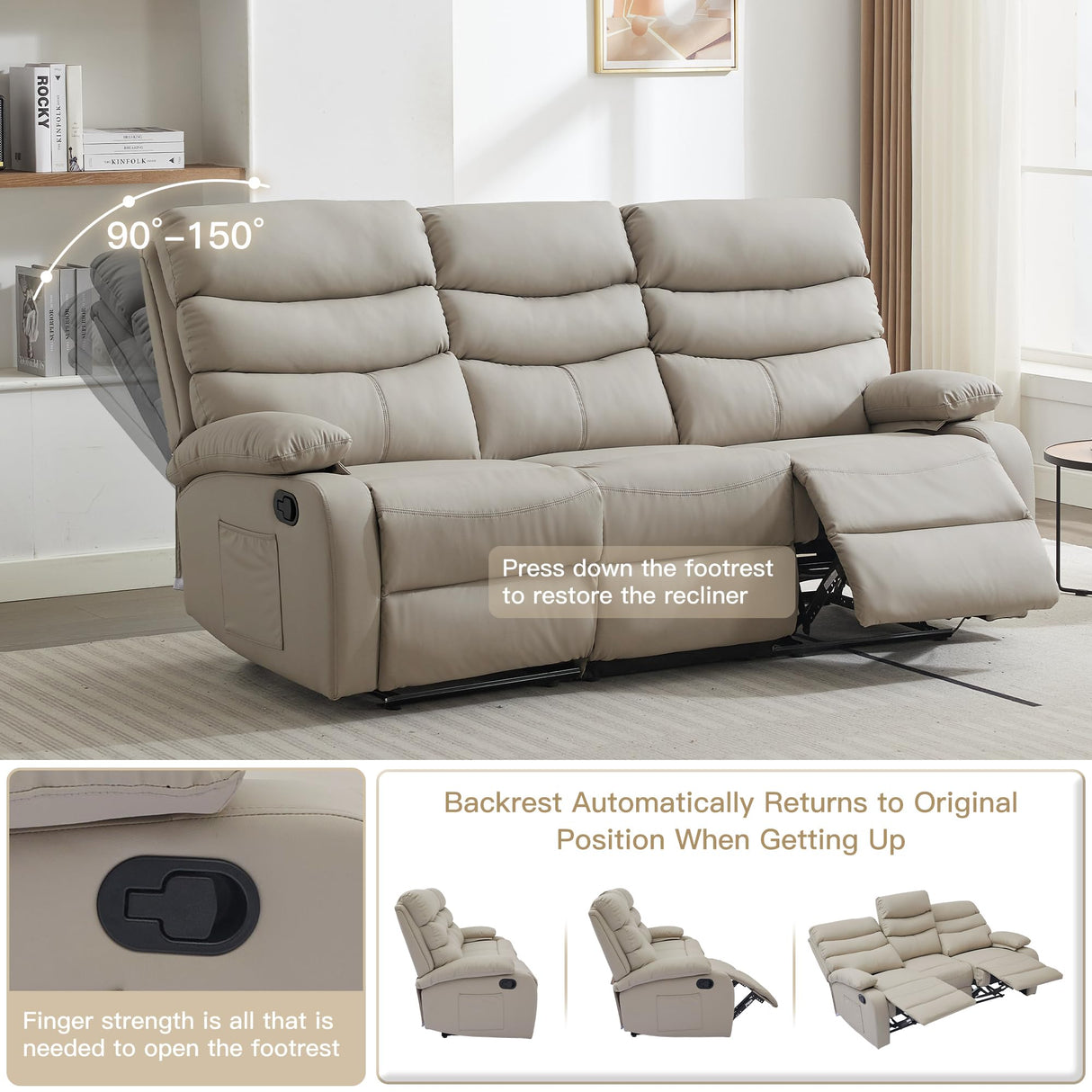 GNMLP2020 Loveseat Recliner Sofa Set, Small Leather Couch 3-Seater Manual Seater Reclining, Triple Recliner Chair for Living Room, RV, Home Theater Seating(Beige, 3 Seater Sofa) GNMLP2020