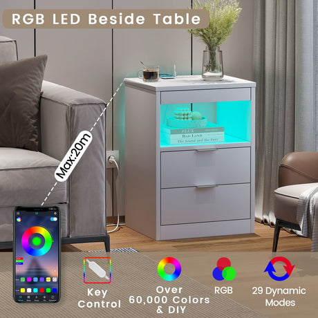 ADORNEVE LED Nightstands Set of 2, Night stand with Wireless Charging Station and LED Lights, White Nightstand with Pull-Out Shelf & Drawers, Modern Bedside Table End Side Table for Bedrooms ADORNEVE