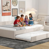 KT Rolster Full Size Daybed with Storage and USB, Modern Cloud Bed Frame with Twin Size Trundle, Linen Upholstered Platform Bed, Full Corner Daybed for Living Room, No Box Spring Required, Beige KT Rolster