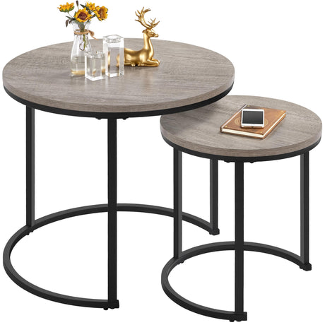 Yaheetech Nesting Coffee Table Set of 2, Nesting Table, Rustic Stacking Side Tables, Nesting End Table Set w/Round Wooden Tabletop and Sturdy Metal Base for Living Room,Small Space, Gray Yaheetech