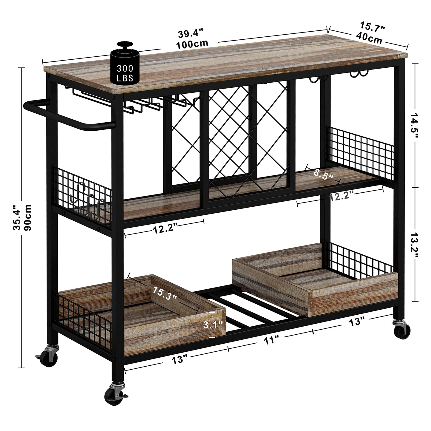 IRONCK Wine Rack Table, Industrial Bar Cart on Wheels Kitchen Storage Cart for The Home Wood and Metal Frame, Rustic Brown