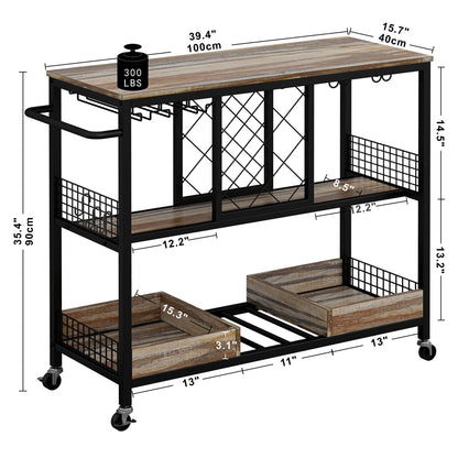 IRONCK Wine Rack Table, Industrial Bar Cart on Wheels Kitchen Storage Cart for The Home Wood and Metal Frame, Rustic Brown