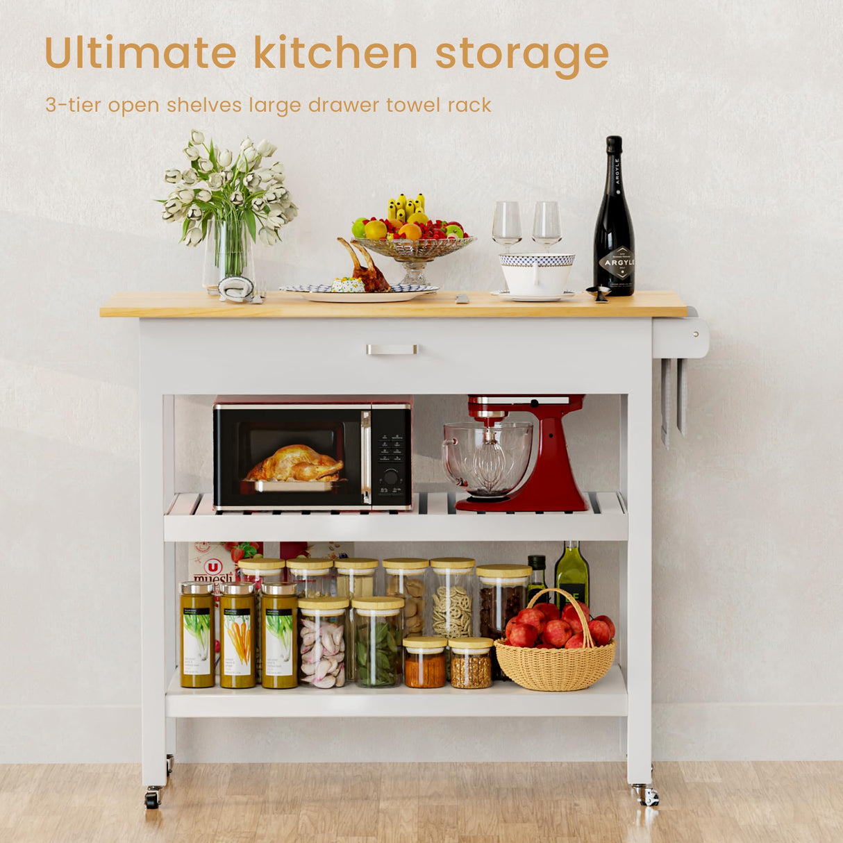 HiDSLiving Kitchen Island 42" Rolling Kitchen Island Cart On Wheels with Drawer Towl Rack 3 Tiers Rolling Utility Cart with Solid Wood Top Serving Trolley for Dining Room White HiDSLiving