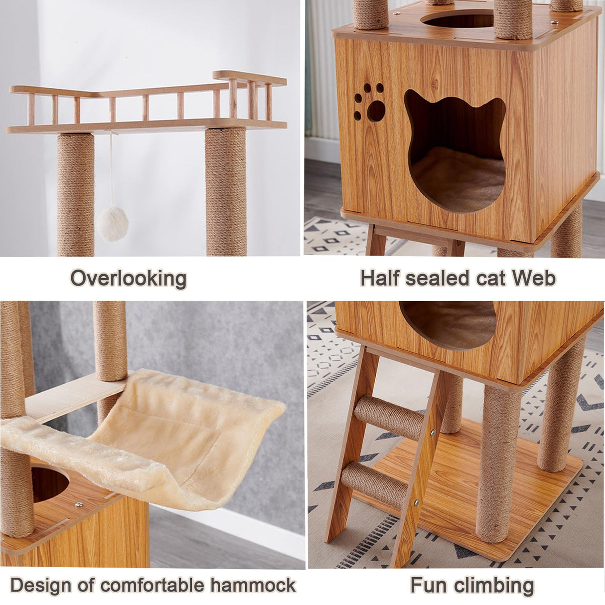 61'' Wooden cat Tree with cat Condo, Cat Stairs Scratching Posts, 2 Bowl,Sisal Scratching Posts,Cozy Cat Hammock and Top Perch. Cat Tree for Large Cats. Yinanroa