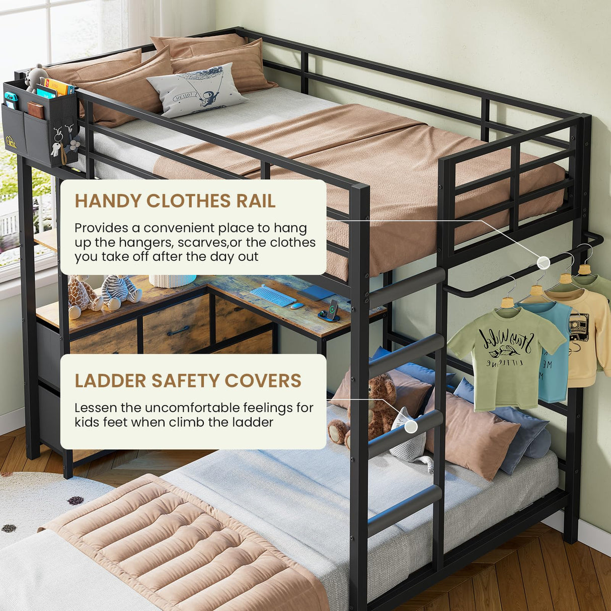 DICTAC Bunk Bed with L-Shaped Desk,5 Storage Drawers and 2 Shelves Metal Twin XL Over Twin Bunk Bed with LED Lights and Charging Station,bunk Beds with Safety Guardrail & Ladder,Space-Saving,Black DICTAC