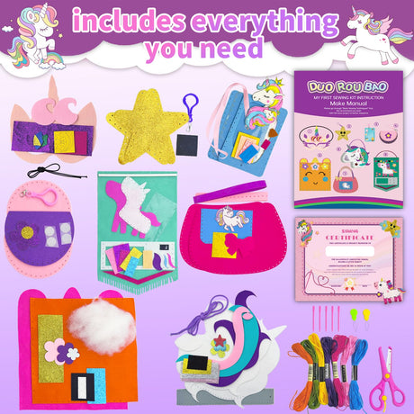 DUOROUBAO 8-in-1 Sewing Kit for Kids, Unicorn Art Craft for Kid Easy DIY Sewing Projects with Instructions Learn to Sew My First Sewing Kit Birthday Christmas Gifts for Girls Boys Education Toys 5+ DUOROUBAO