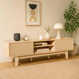 EDWINENE TV Stands for 55 60 65 inch TV, Oak Fluted TV Stand for Living Room Bedroom, Mid Century Modern TV Console Tables, Entertainment Center with Storage Cabinet, Sliding Doors and Open Shelves EDWINENE