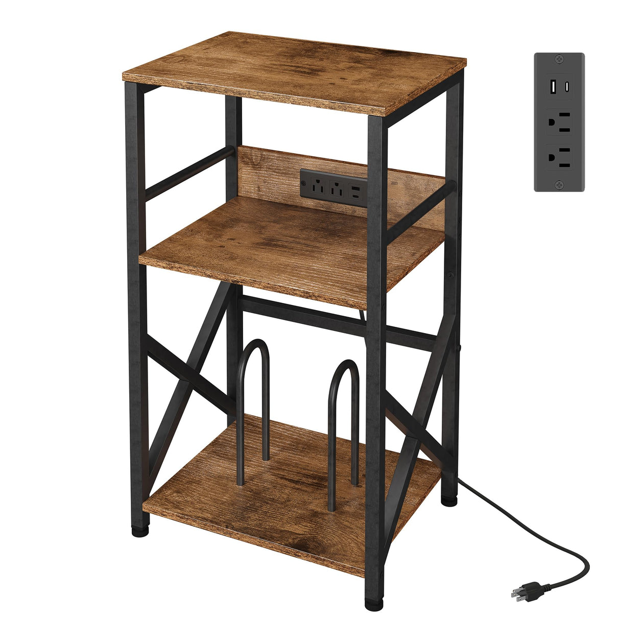 DALEMHOME Record Player Stand with Charging Station, Turntable Stand with Storage, Record Table for Vinyl, 3 Tier End Table for Living Room, Bedroom, Rustic Brown HKET1001BR DALEMHOME