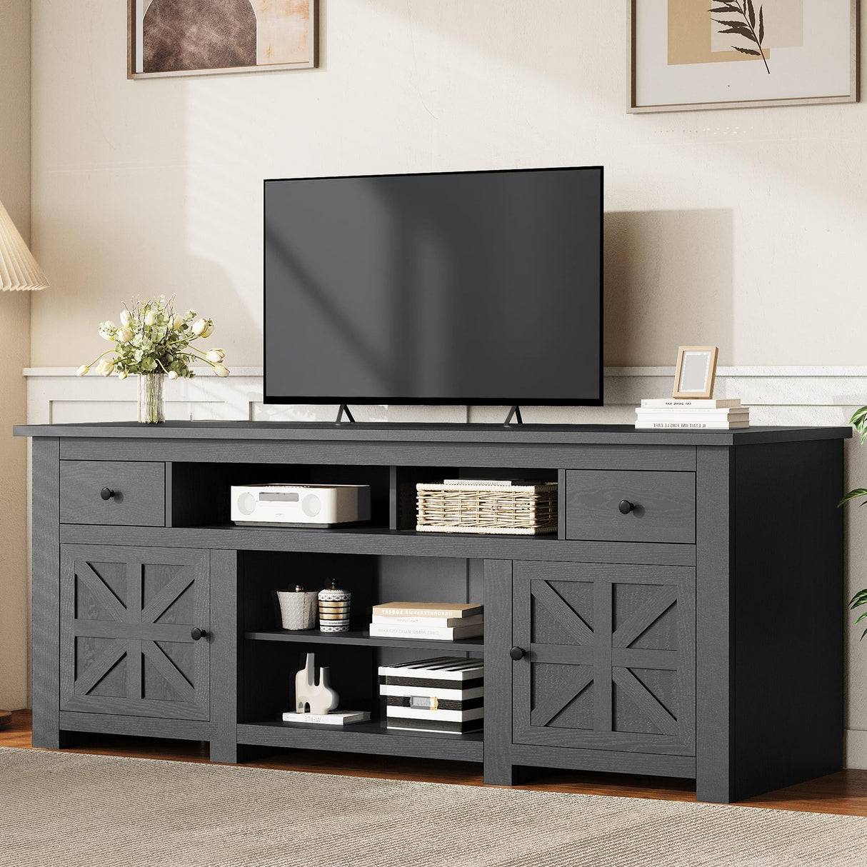 YITAHOME TV Stand for 75/80 Inch TV, Entertainment Center, TV Cabinet with Drawers and Power Outlet, Black TV Console for Living Room Furniture (70 Inch Lenght 30 Inch High) YITAHOME
