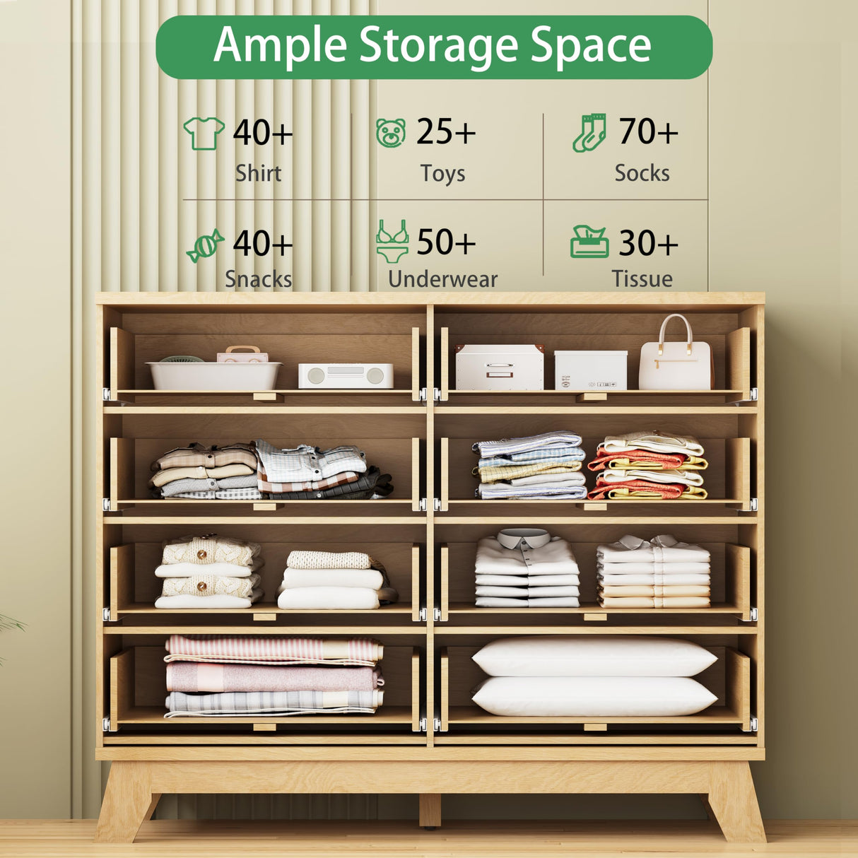 Fluted Dresser for Bedroom with 8 Drawers, 48" Wide Modern Chest of Drawers with Metal Handle, Wooden Dresser TV Stand, Wood Closet Clothes Storage Organizer for Living Room, Hallway, Natural Oak Xixini