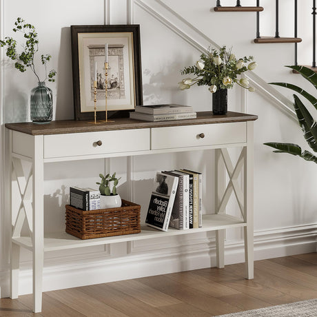 ChooChoo Farmhouse Console Table with Drawers, Narrow Wood Accent Sofa Table Entryway Table with Storage Shelf for Entryway, Front Hall, Hallway, Living Room, Antique White & Brown ChooChoo
