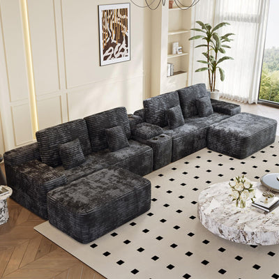 ONEMMLION Cloud Couch Sectional Modular Sofa, 151" Comfy Boneless Couches for Living Room, Oversized U Shape Plush Corduroy Couch Sectional with Console Bluetooth Speaker USB Port Cup Holder, Black
