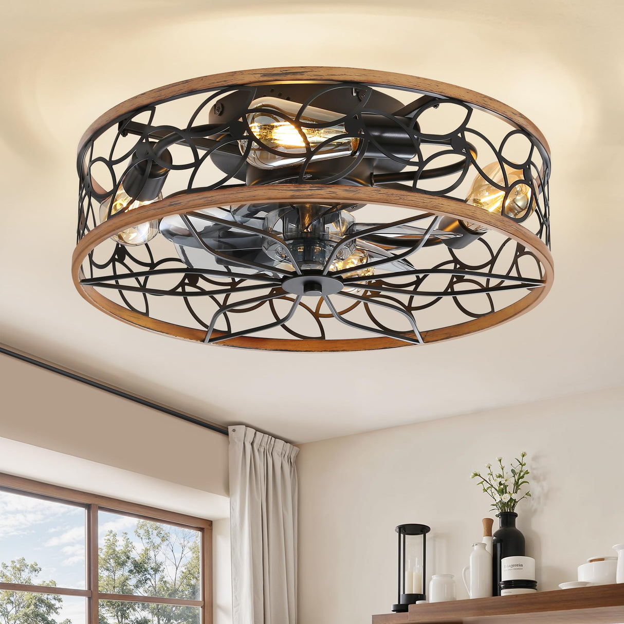 LEDIARY Caged Ceiling Fans with Lights, Farmhouse Flush Mount Ceiling Fan with Remote, Black&Walnut Low Profile Ceiling Fan Light Fixture for Bedroom, Kitchen, Dining Room. LEDIARY