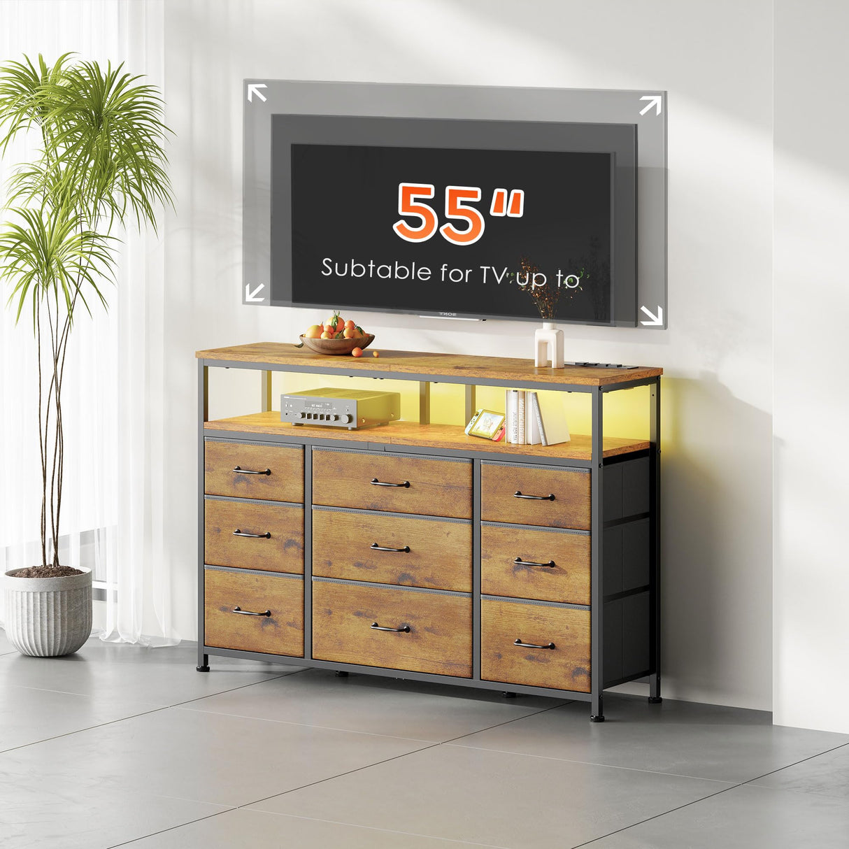 YeTom Tv Stand Dresser for Bedroom with Charging Station and LED Lights,9 Fabric Drawers Rustic Brown TV Stand with Open Shelf Storage,Media Console for TV ups to 55",Metal Frame,Wood Top,Rustic Brown YeTom