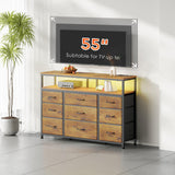 YeTom Tv Stand Dresser for Bedroom with Charging Station and LED Lights,9 Fabric Drawers Rustic Brown TV Stand with Open Shelf Storage,Media Console for TV ups to 55",Metal Frame,Wood Top,Rustic Brown YeTom