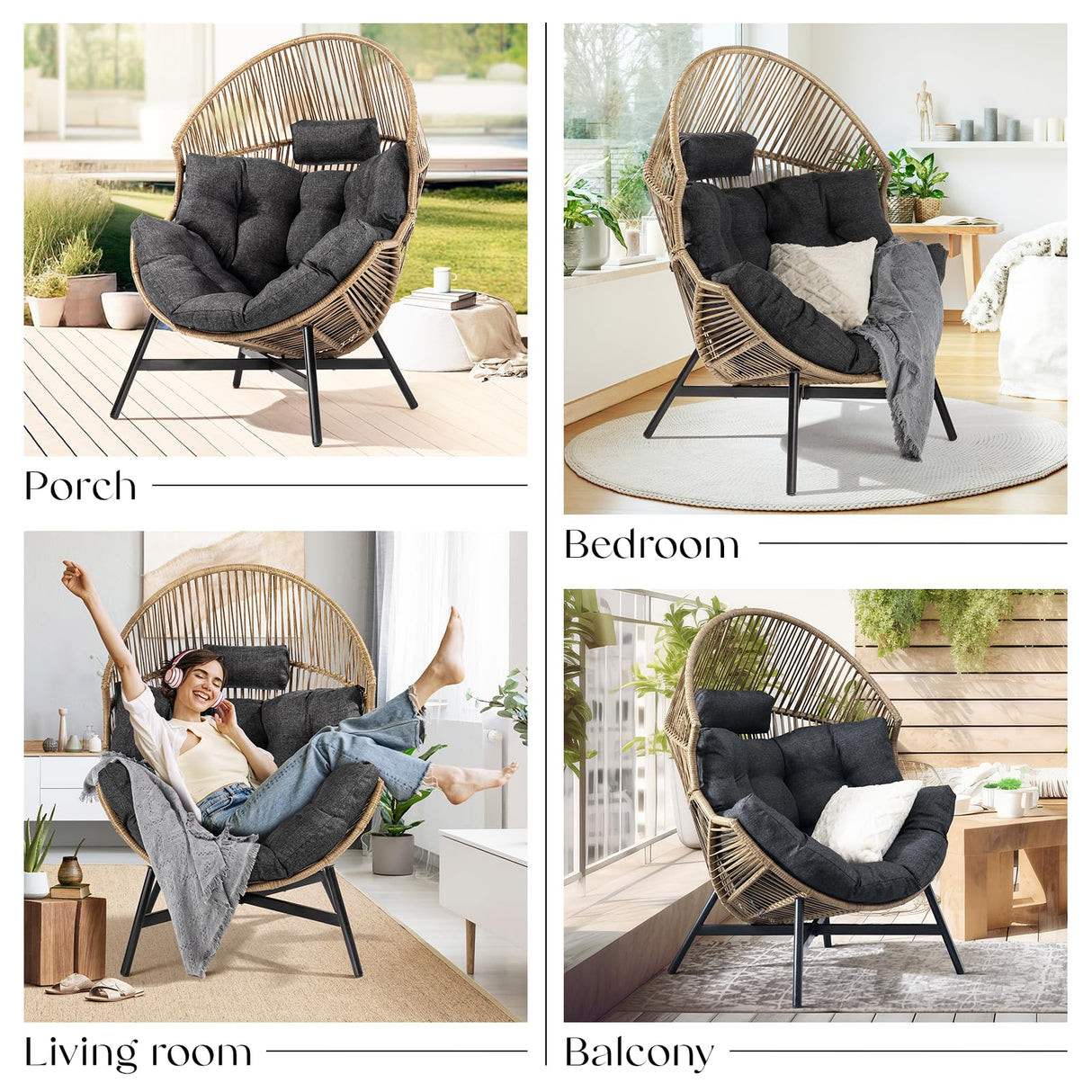 Bme Heavy Duty 500 Lbs Capacity Wicker Egg Chair for Outside & Indoor, UV 2000 Hours Material with Flame Retardant Tested Cushion, Durable Against Water, Weather, Brown Base Bme