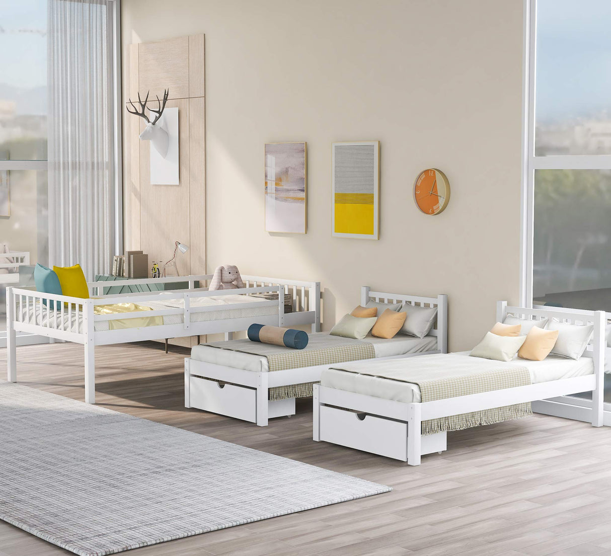 Merax Full Over Twin & Twin Bunk Bed for 3, Wooden Triple Bunk Bed with 2 Storage Drawers, Ladder and Guardrails, No Box Spring Needed, White Merax