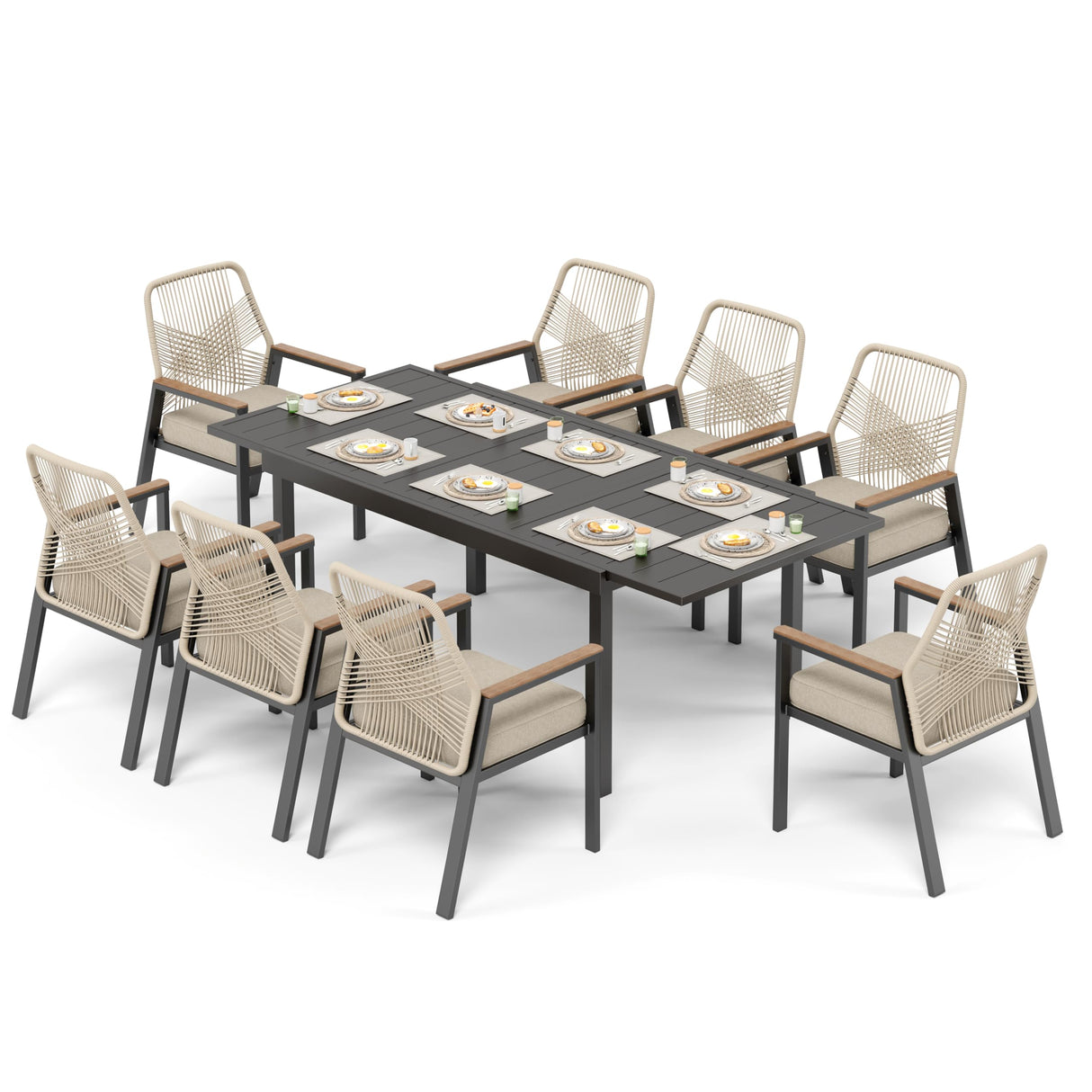 SUNSHINE VALLEY 9 Pieces Patio Dining Set, 8 x Woven Rattan Chairs with Waterproof Cushion, 84" Extendable Rectangular Dining Table, Outdoor Table and Chairs Set for Backyard Lawn and Deck, Beige SUNSHINE VALLEY