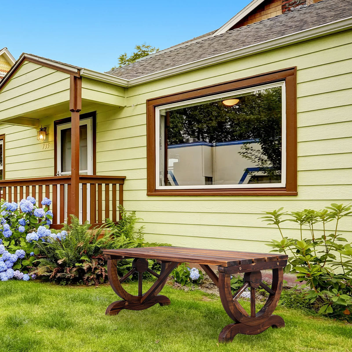 Outvita Rustic Wagon Wheel Wooden Garden Bench for Outdoor Seating, Carbonized Finish – Seats 2 in Brown Outvita