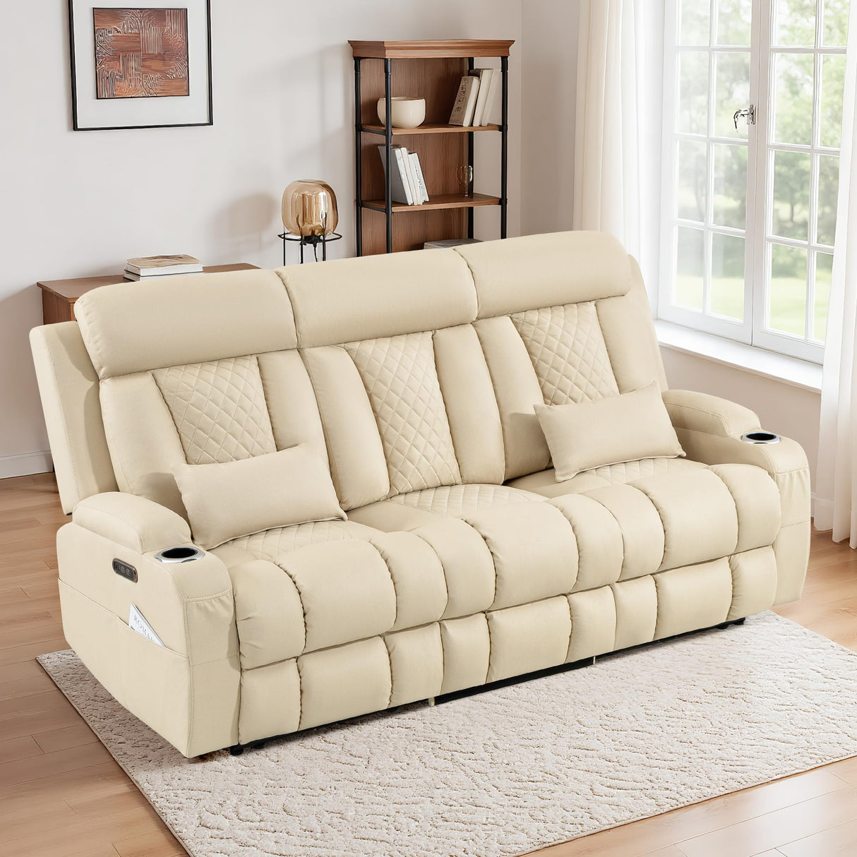 CALIVIA Wall Hugger Power Reclining Sofa with Manual Adjustable Headrests, Electric Recliner Couch with Drop-Down Table, Power Recliner Sofa 3-Seater with Charging Ports for Living Room (Beige) CALIVIA
