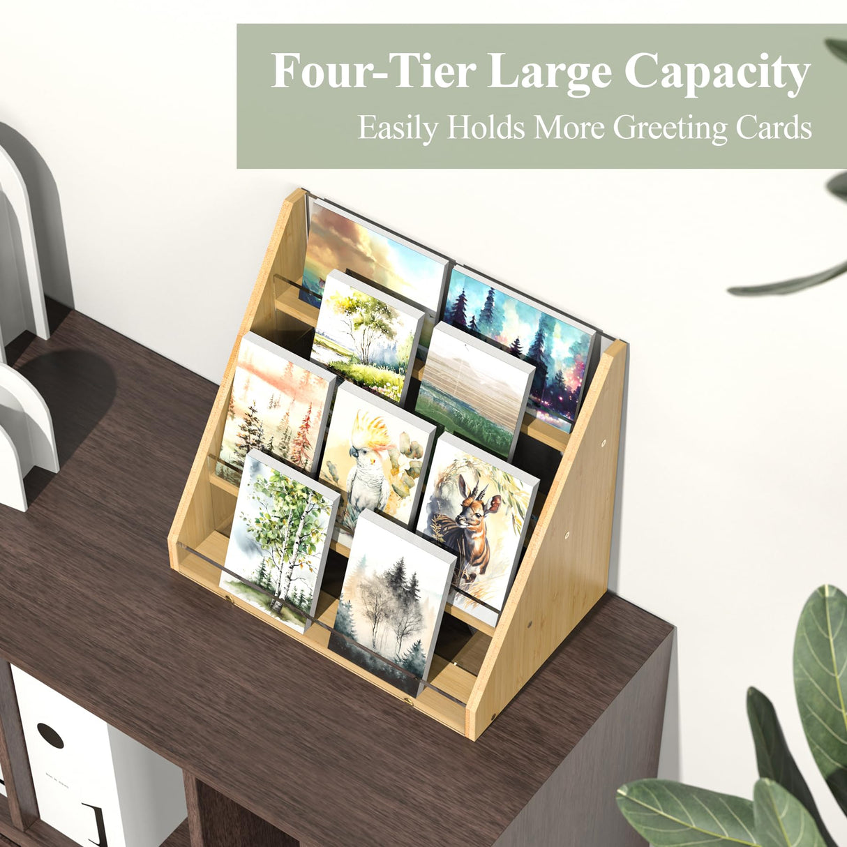 NiHome 4-Tier Bamboo & Acrylic Greeting Card Display Stand for Cards, Photos, Postcards - Durable Stylish Showcase Organizer with High-Transparency Panels for Home, Wedding & Keepsakes NiHome
