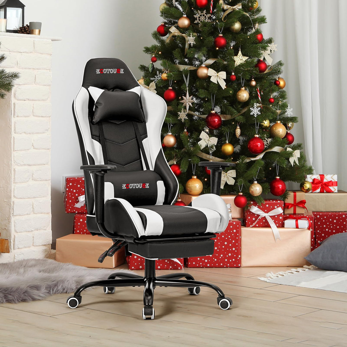 ECOTOUGE PC Massage Gaming Chair with Footrest Ergonomic Office Desk Chair Racing PU Leather Recliner Swivel Rocker with Headrest and Lumbar Pillow,White ECOTOUGE