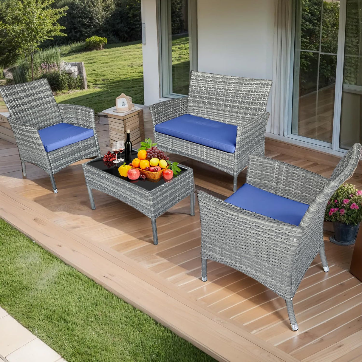 Patio Furniture Set 4 Pieces,Rattan Wicker Double Sofa, Coffee Table,Conversation Outdoor Sets, with Coffee Table and Soft Cushions, Garden Balcony Backyard Lounge Chairs (Gray+Blue Cusion) Generic