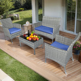 Patio Furniture Set 4 Pieces,Rattan Wicker Double Sofa, Coffee Table,Conversation Outdoor Sets, with Coffee Table and Soft Cushions, Garden Balcony Backyard Lounge Chairs (Gray+Blue Cusion) Generic