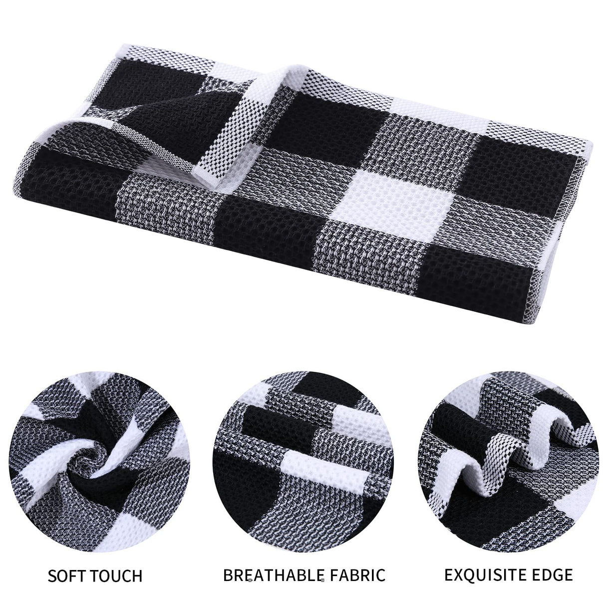 Mordimy 100% Cotton Waffle Weave Kitchen Towels, 13 x 28 Inches, Super Soft and Absorbent Buffalo Check Dish Towels for Drying Dishes, 4-Pack, Black & White Mordimy