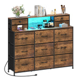 Welfuturer Rustic Dresser with Charging Station and LED Lights Large 13 Drawers Dresser Fabric Chest of Drawers for Bedroom Living Room Hallway Entryway Closets Sturdy Frame Wood Top Brown Welfuturer