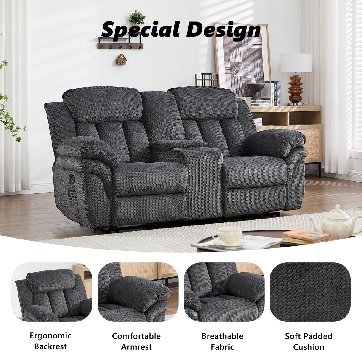 CANMOV Recliner Sofa Set, Manual Recliner Loveseat with Overstuffed Armrest for Living Room,Bedroom Furniture,Office,2 Seat Grey CANMOV