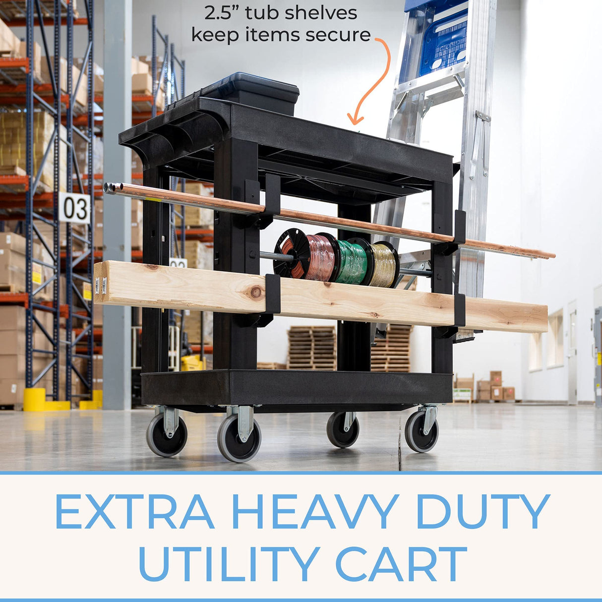 Stand Steady Tubstr 2 Shelf Utility Cart | Heavy Duty Service Cart Holds 400 lbs. | Adjustable Storage Hooks, Ladder & Spool Holders | Tub Cart for Stand Steady