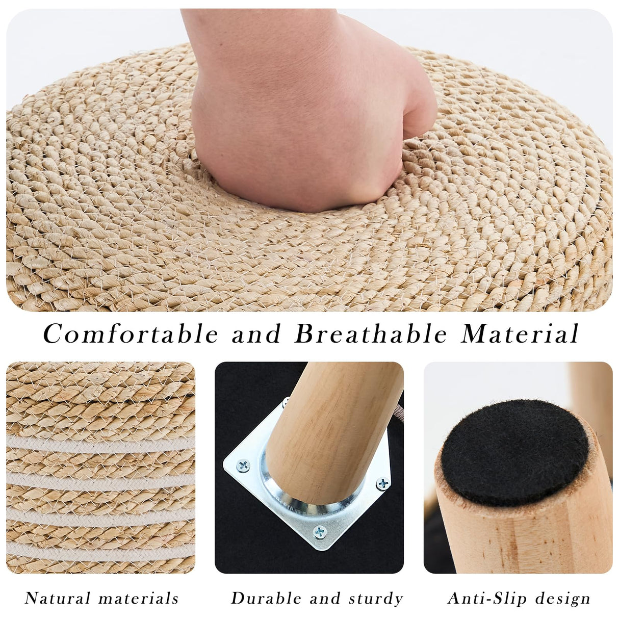 Cpintltr Round Seagrass Ottoman Footstool Handwoven Water Hyacinth Pouf with Solid Wood Legs Shoe Changing Stool Sturdy & Stylish Footrest for Living Room Balcony or Garden White Cpintltr