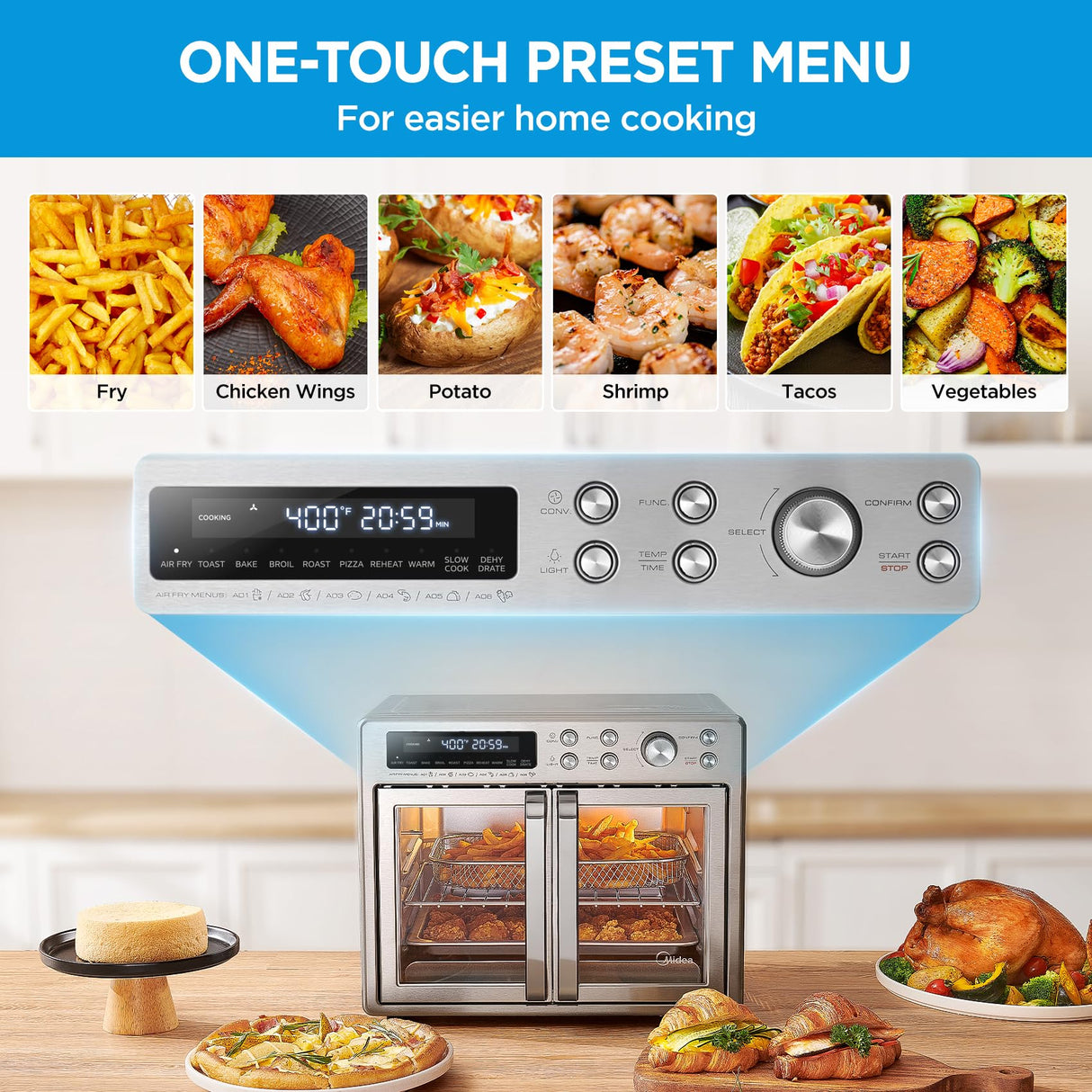 Midea Flexify French Door Toaster Oven Air Fryer Combo, 26.4 QT, Extra Large Air Fryer Countertop Oven 10-in-1 Combo, 25% Faster Cooking and 90% Less Oil, Stainless Steel Midea